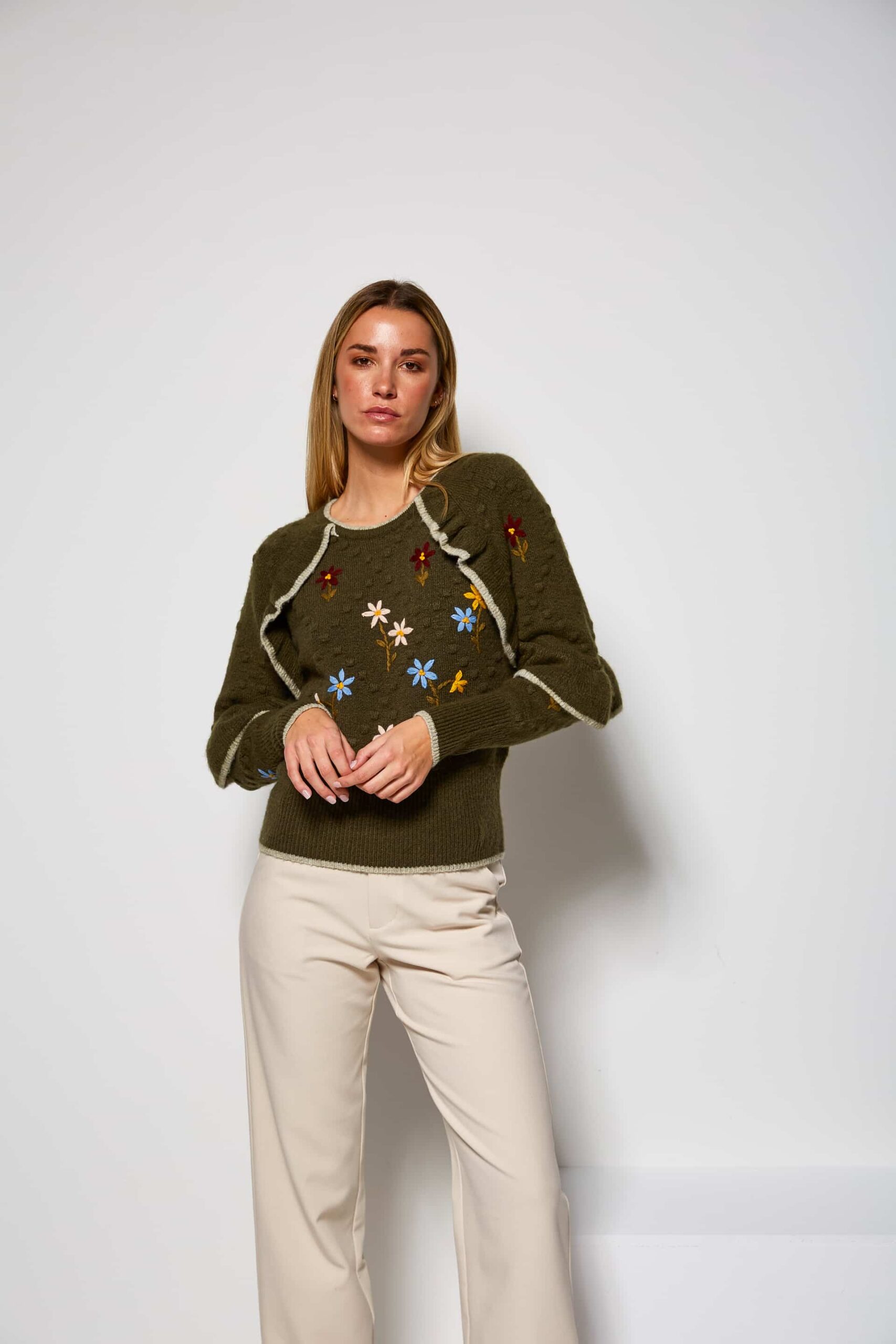 Floral embroidery knit sweater with flounces