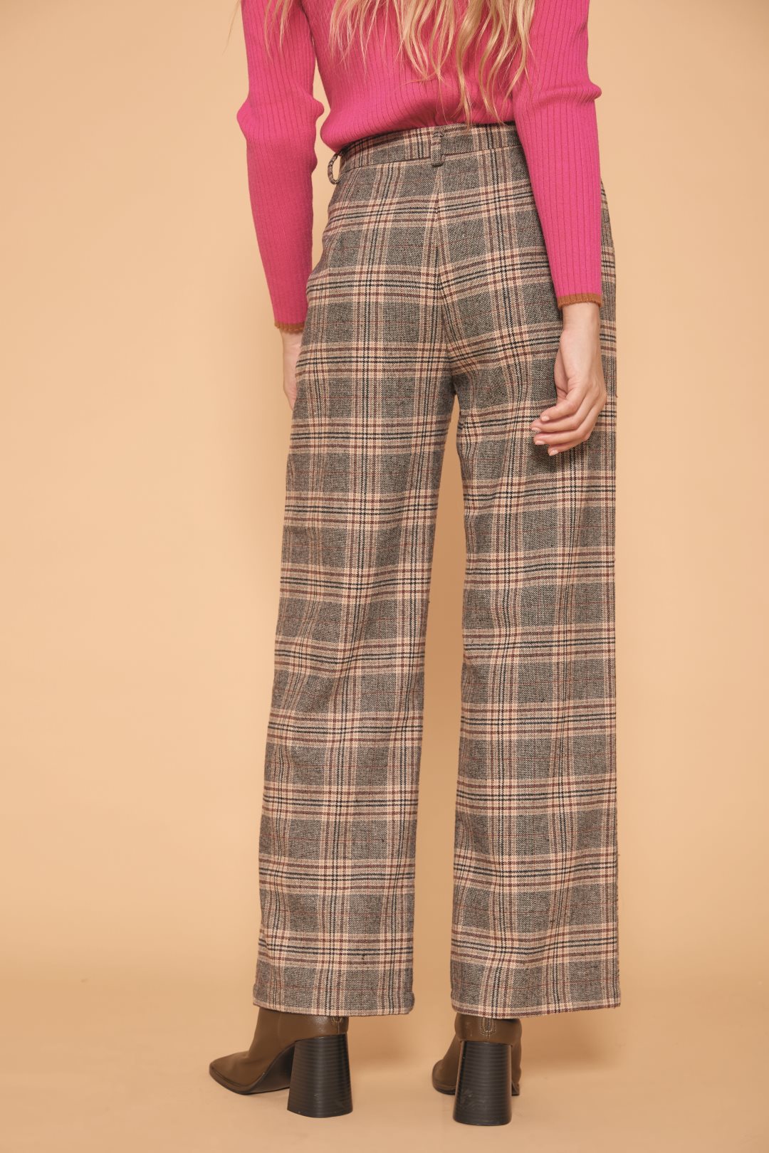 Long check trousers